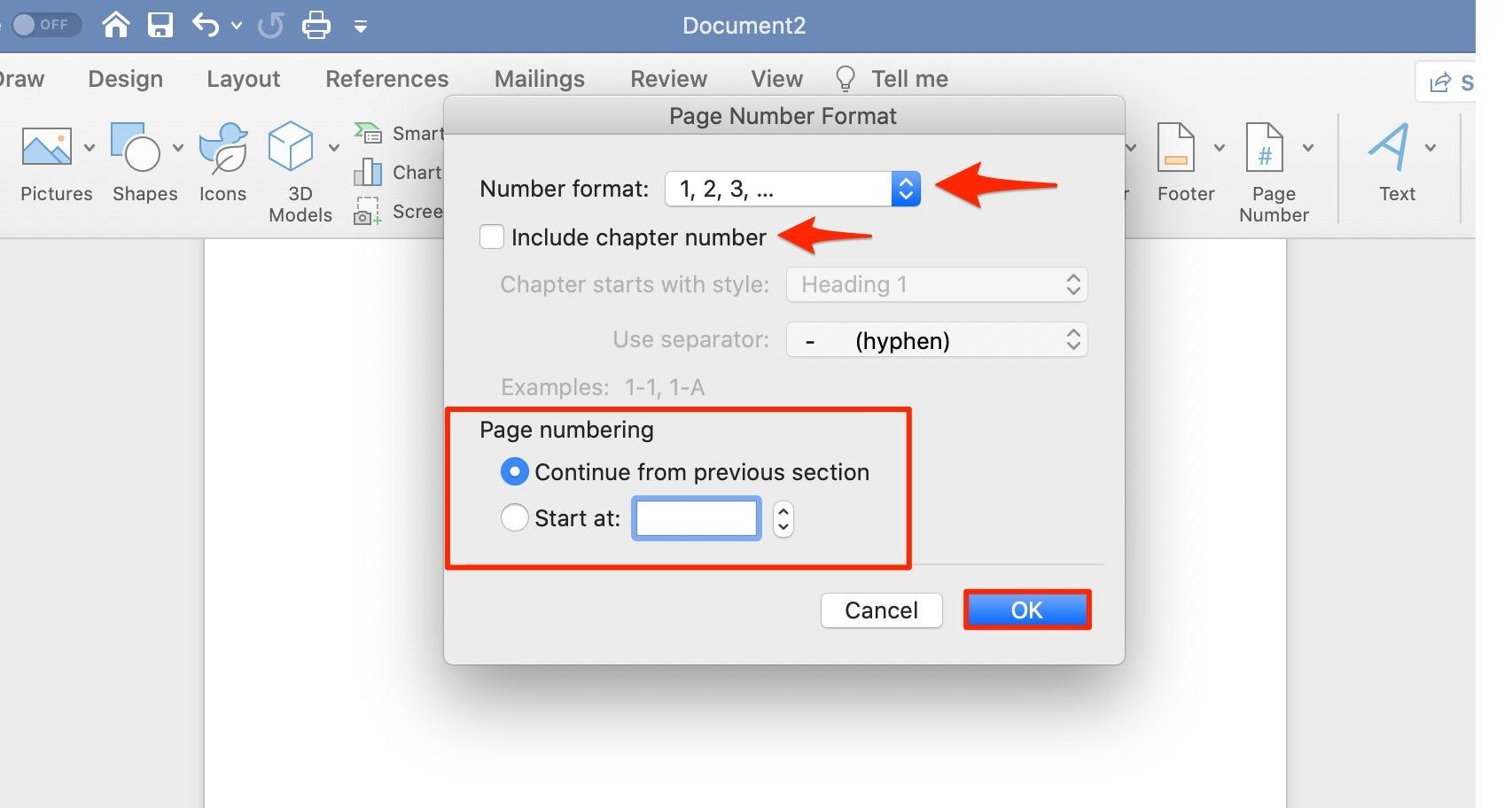 insert a page number in word with a header in word for mac